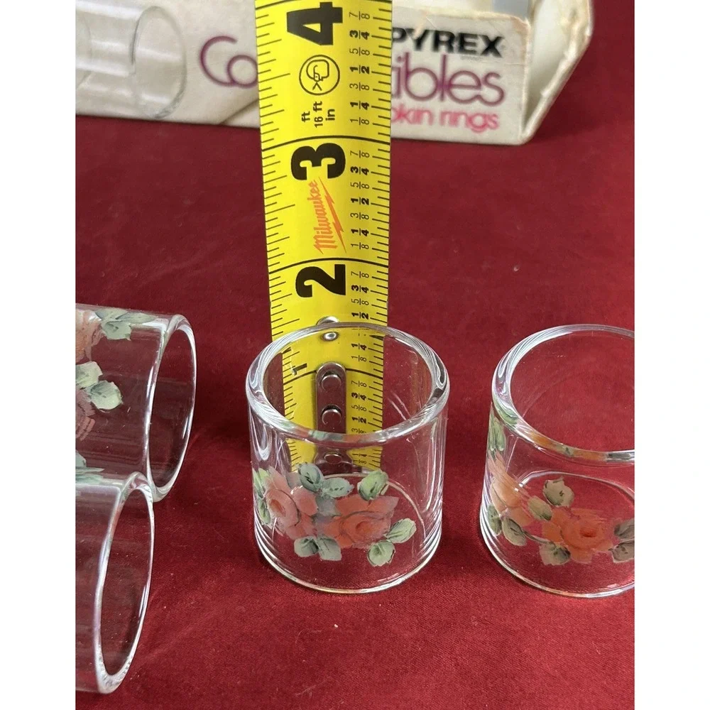 Vtg (6) Pyrex Compatibles Clear Glass 54 Napkin Rings Rose Pattern Original